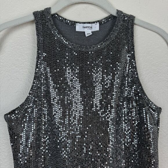 Hashttag In Trend High Neck Sequin Disco Party Tank Top Silver XS - Picture 2 of 12